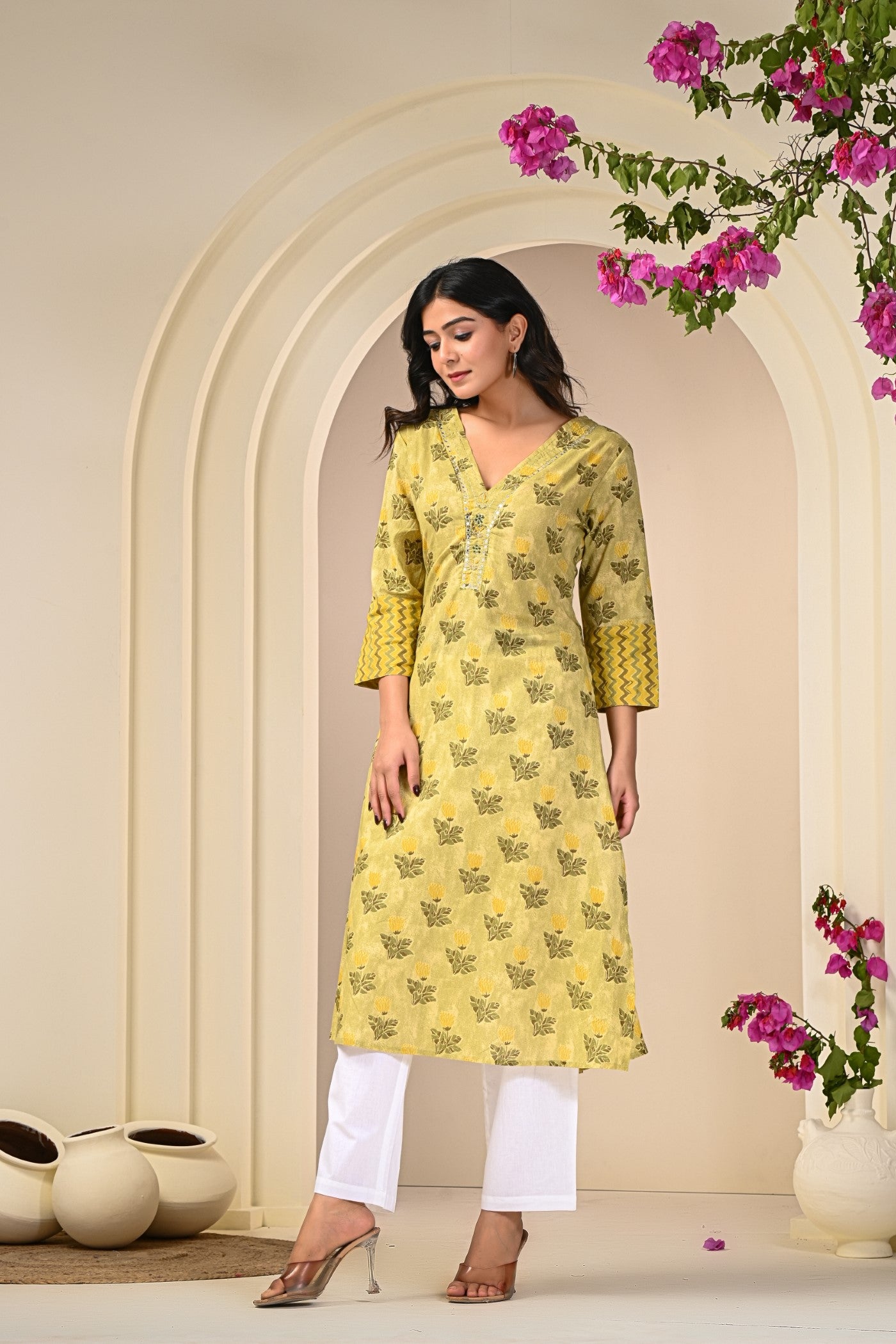 Mehndi Green Elegance Yellow Printed Kurti