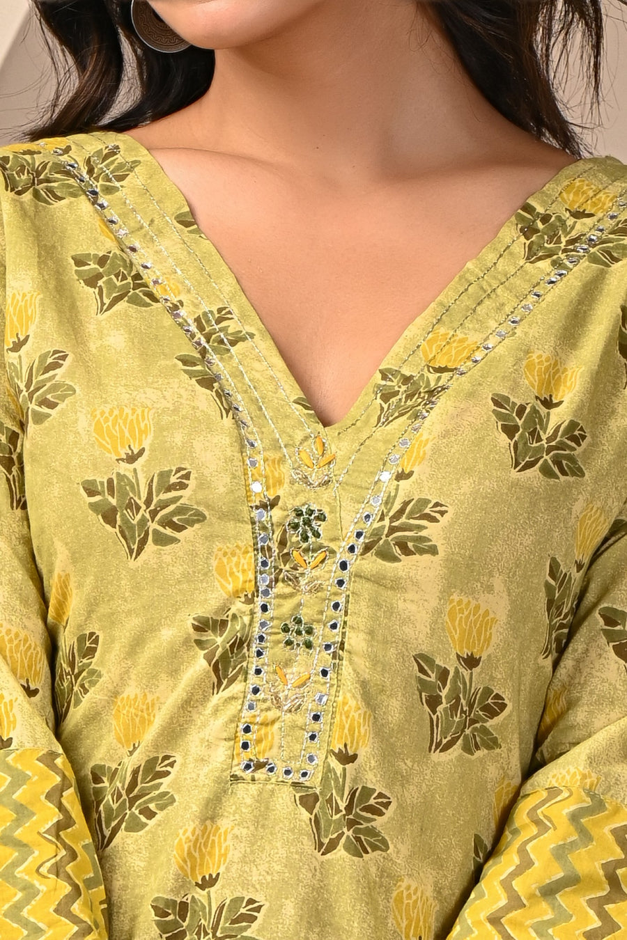 Mehndi Green Elegance Yellow Printed Kurti