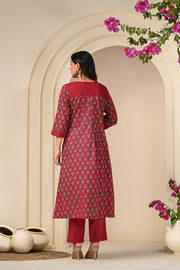 Premium Red and Blue Printed Kurta Set in Cotton for Women