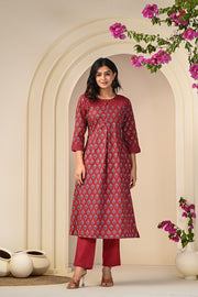 Premium Red and Blue Printed Kurta Set in Cotton for Women