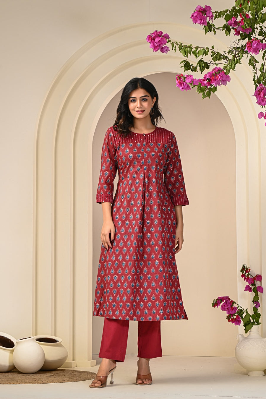 Premium Red and Blue Printed Kurta Set in Cotton for Women