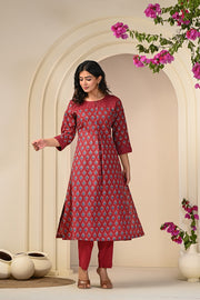 Premium Red and Blue Printed Kurta Set in Cotton for Women