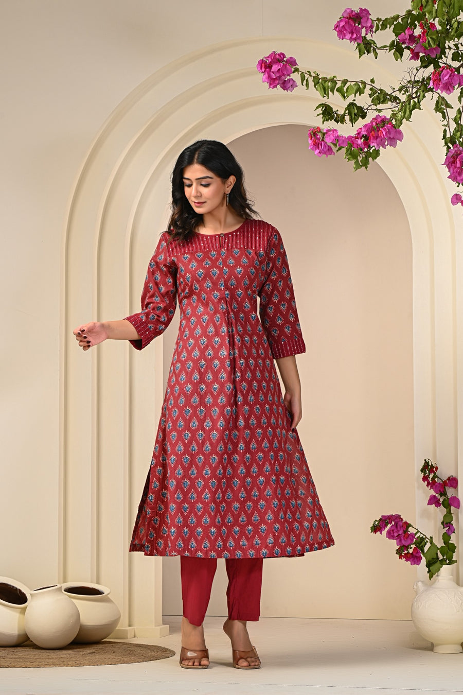 Premium Red and Blue Printed Kurta Set in Cotton for Women