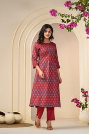 Premium Red and Blue Printed Kurta Set in Cotton for Women