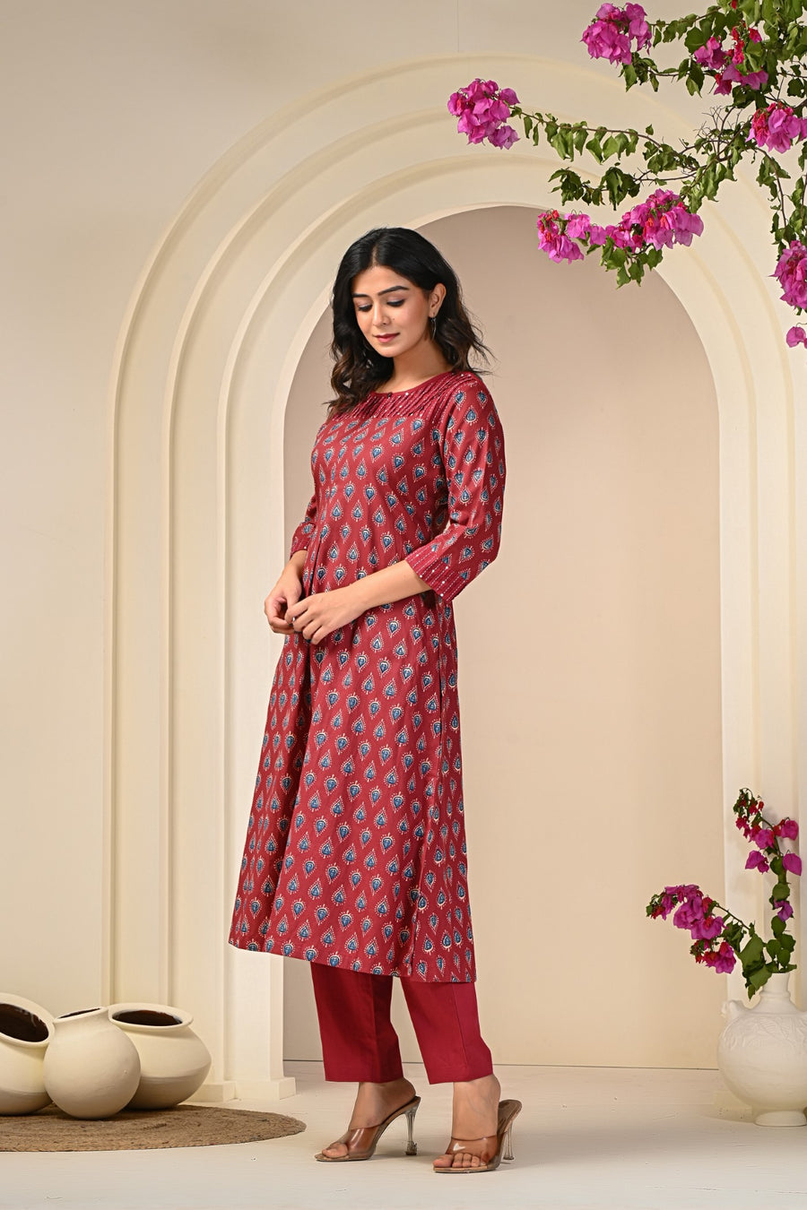 Premium Red and Blue Printed Kurta Set in Cotton for Women