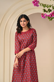 Premium Red and Blue Printed Kurta Set in Cotton for Women