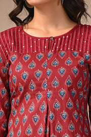 Premium Red and Blue Printed Kurta Set in Cotton for Women