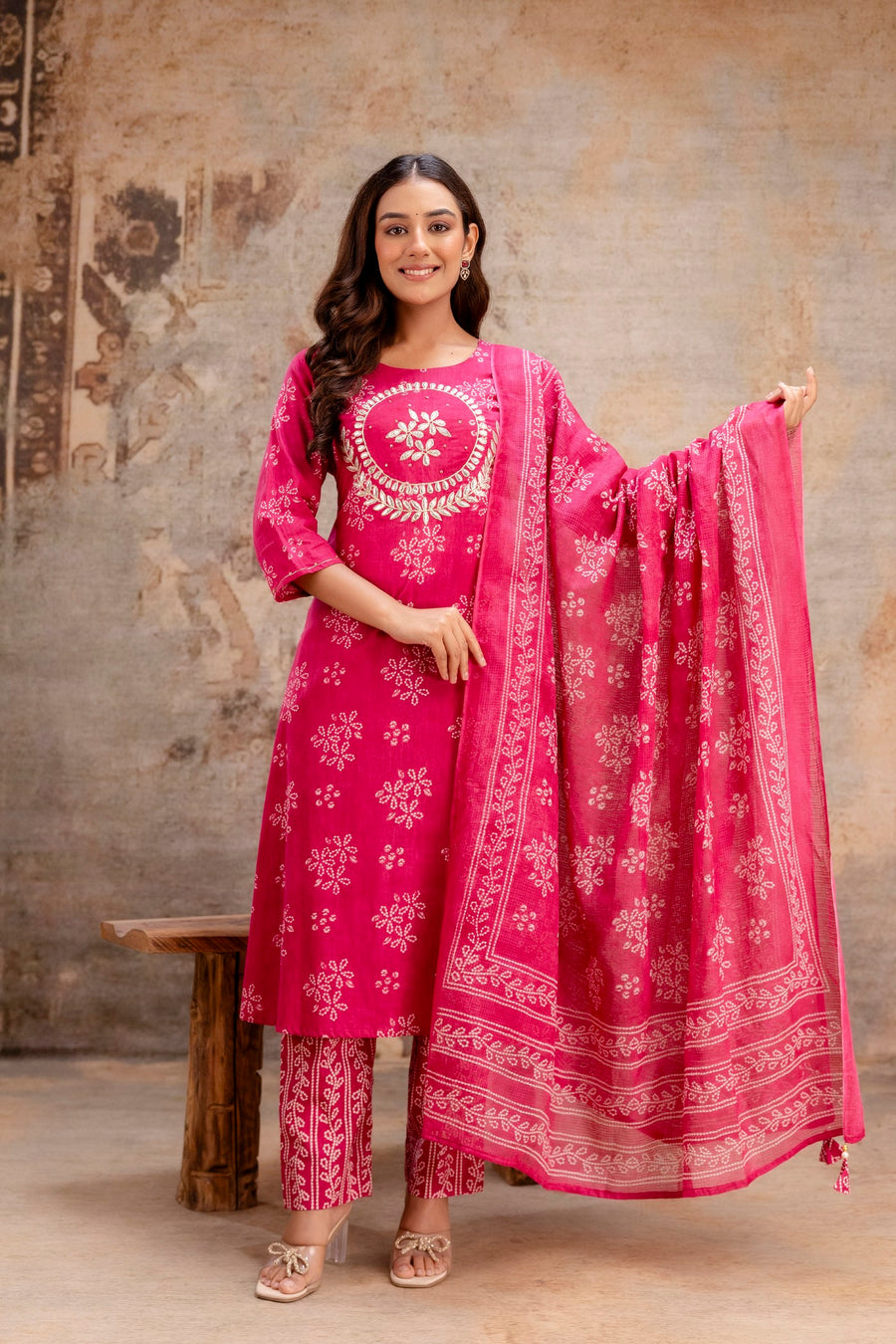 Designer printed pink kurta set with dupatta