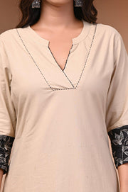 Elegant Beige and Black Printed Kurti Set