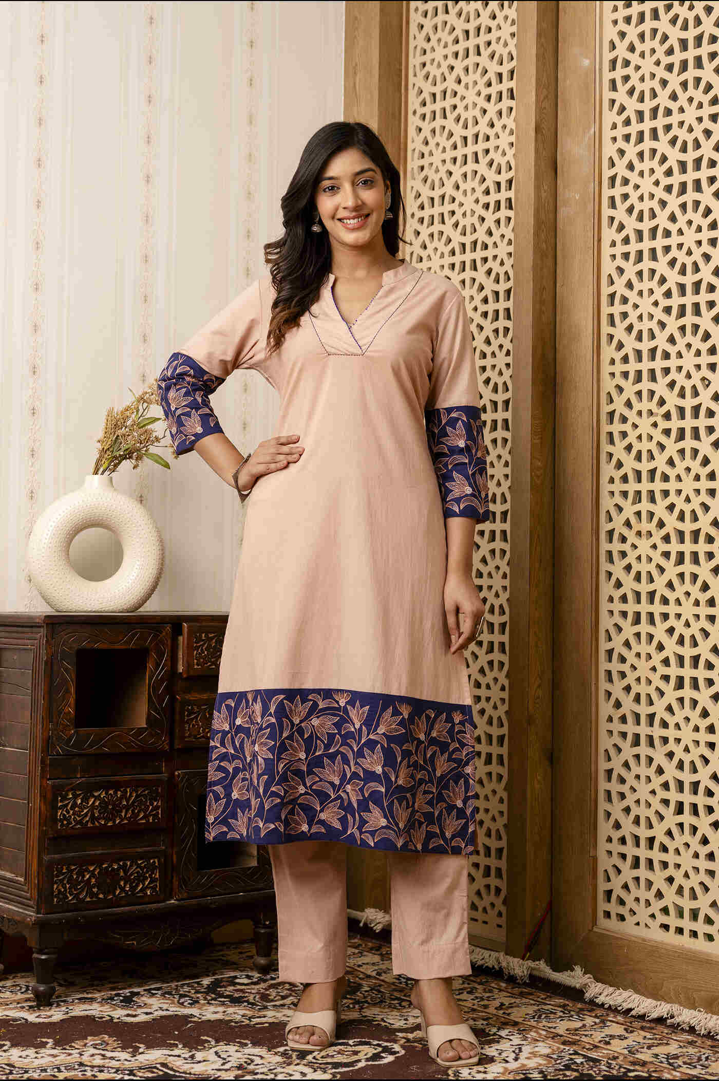 Stylish Beige and Blue Kurta Set for the Modern Woman