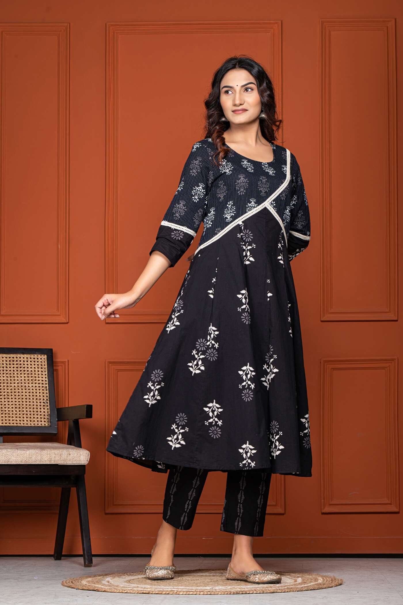 Stylish Black Kurta with White Floral Design