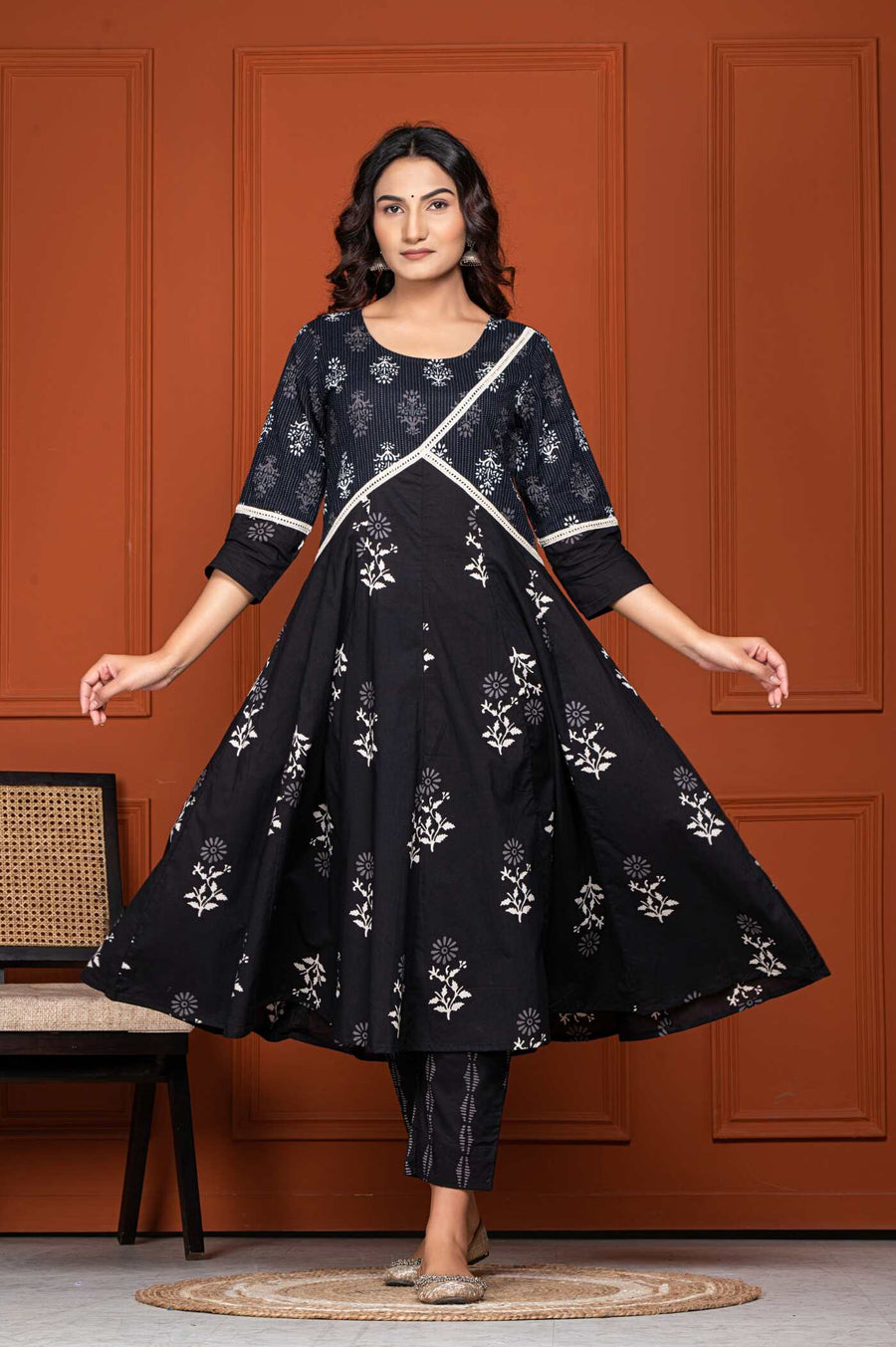 Stylish Black Kurta with White Floral Design