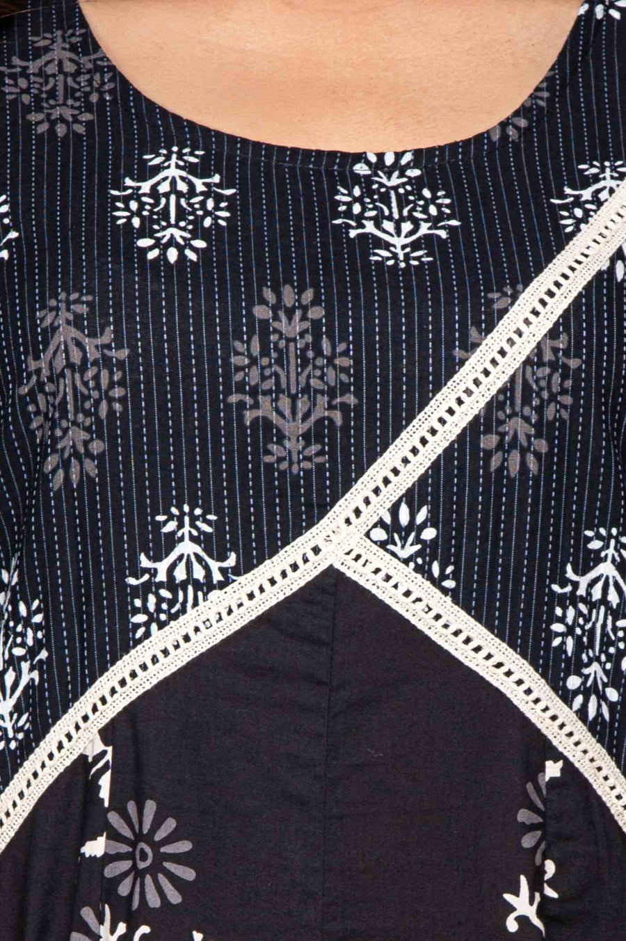 Stylish Black Kurta with White Floral Design