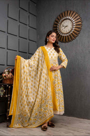 Exquisite Yellow and White Floral Anarkali Set with Dupatta