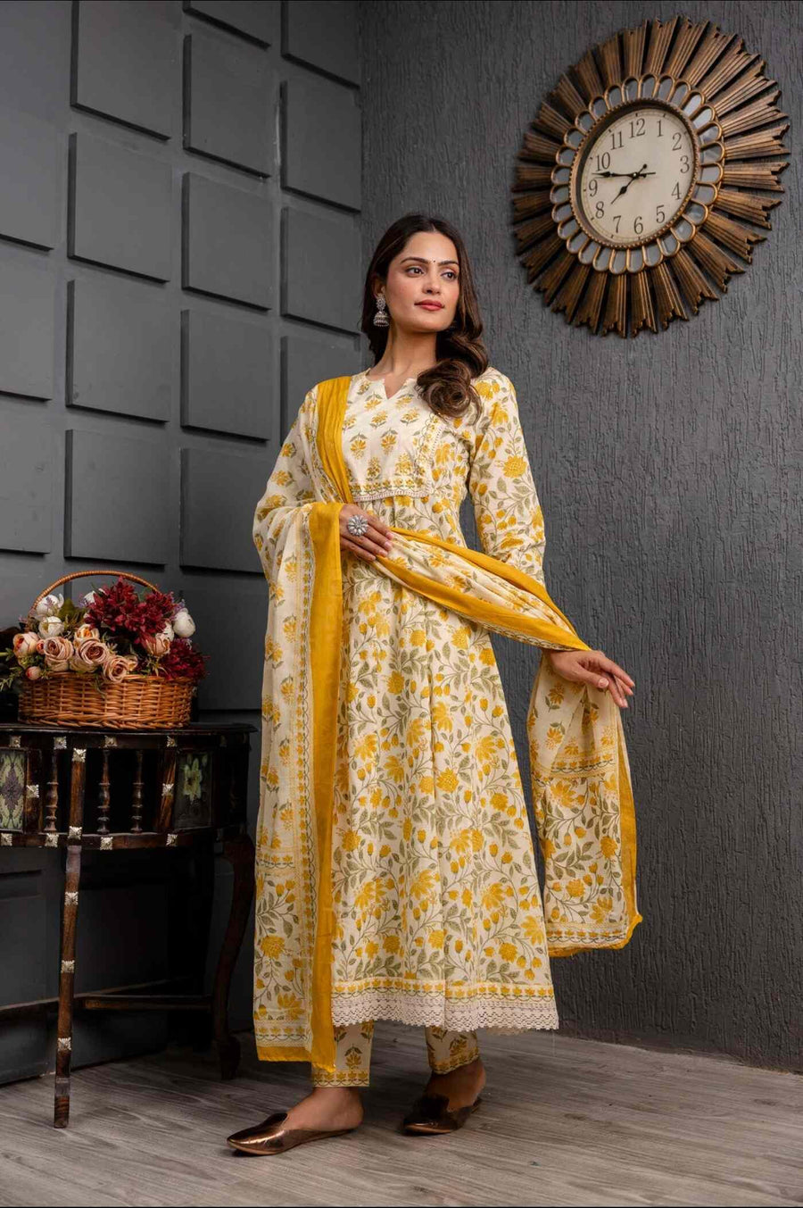 Exquisite Yellow and White Floral Anarkali Set with Dupatta