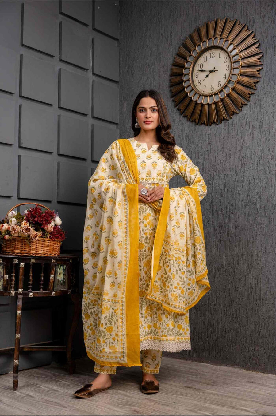 Exquisite Yellow and White Floral Anarkali Set with Dupatta