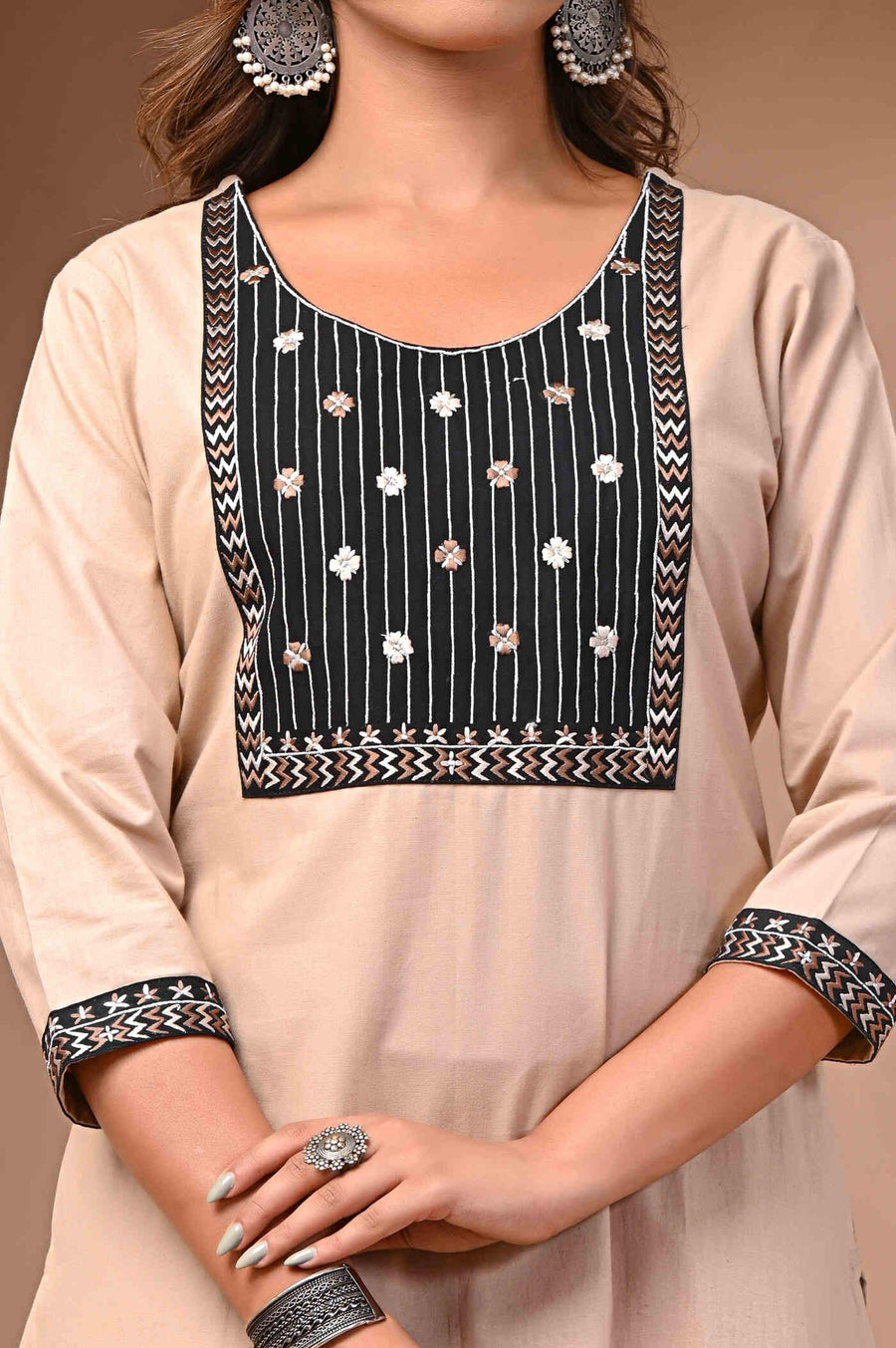 Beige Kurti with Black Embroidery - Elegant & Stylish