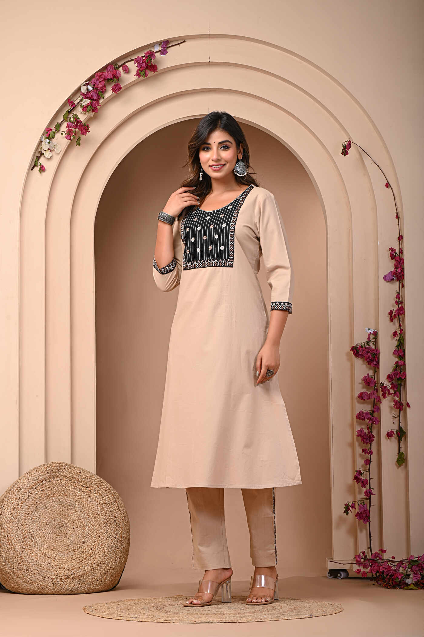 Beige Kurti with Black Embroidery - Elegant & Stylish