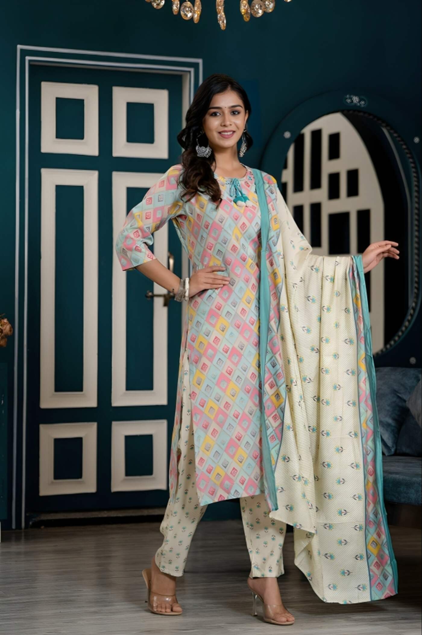 Elegant Multicolor Printed Kurta Set with Dupatta