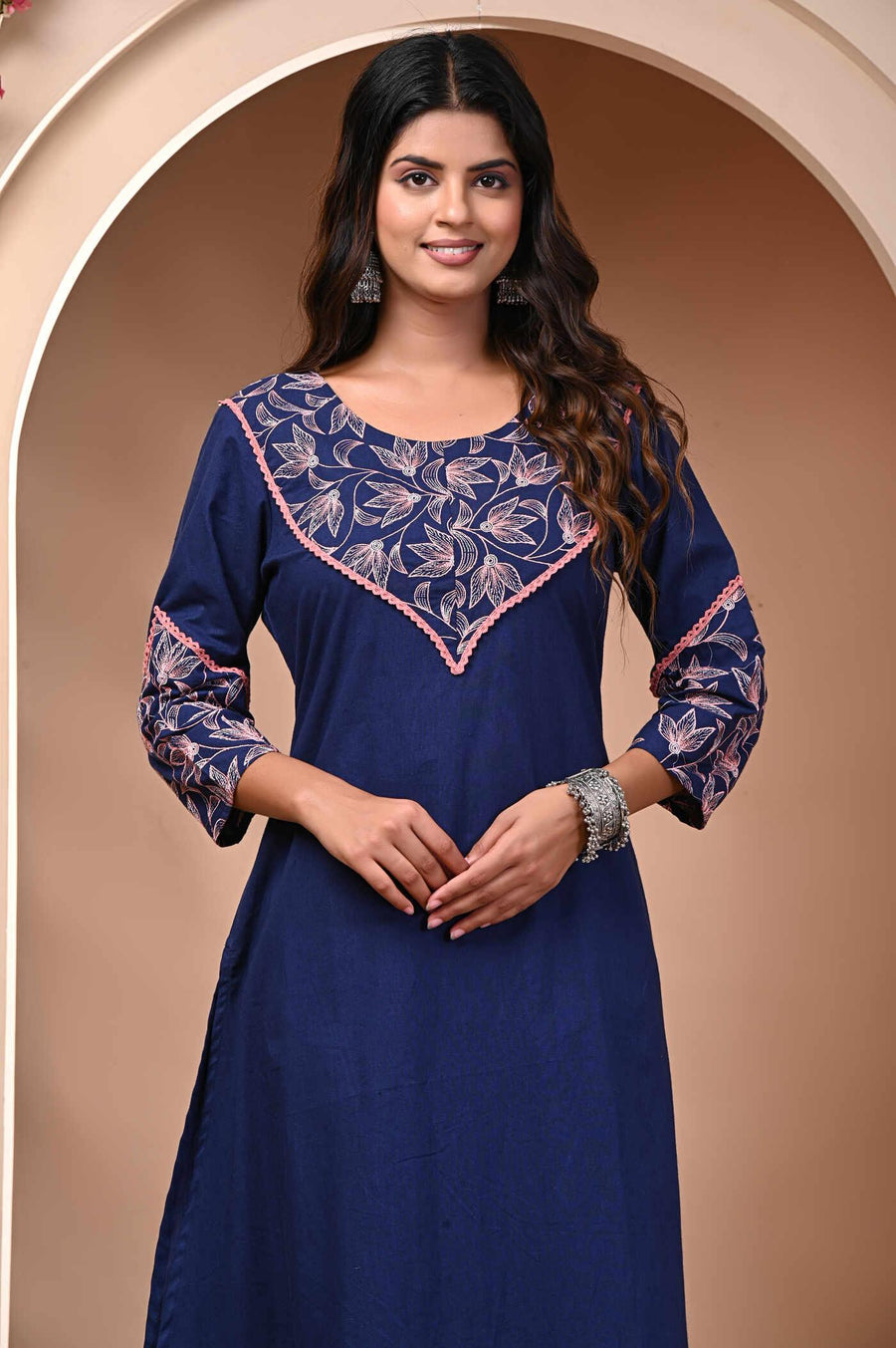 Step into Style with Our Navy Blue Embroidered Kurti