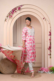 Elegant Pink Floral Kurta Set with Dupatta