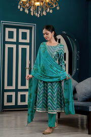 Fashionable Teal Anarkali Set With Matching Dupatta