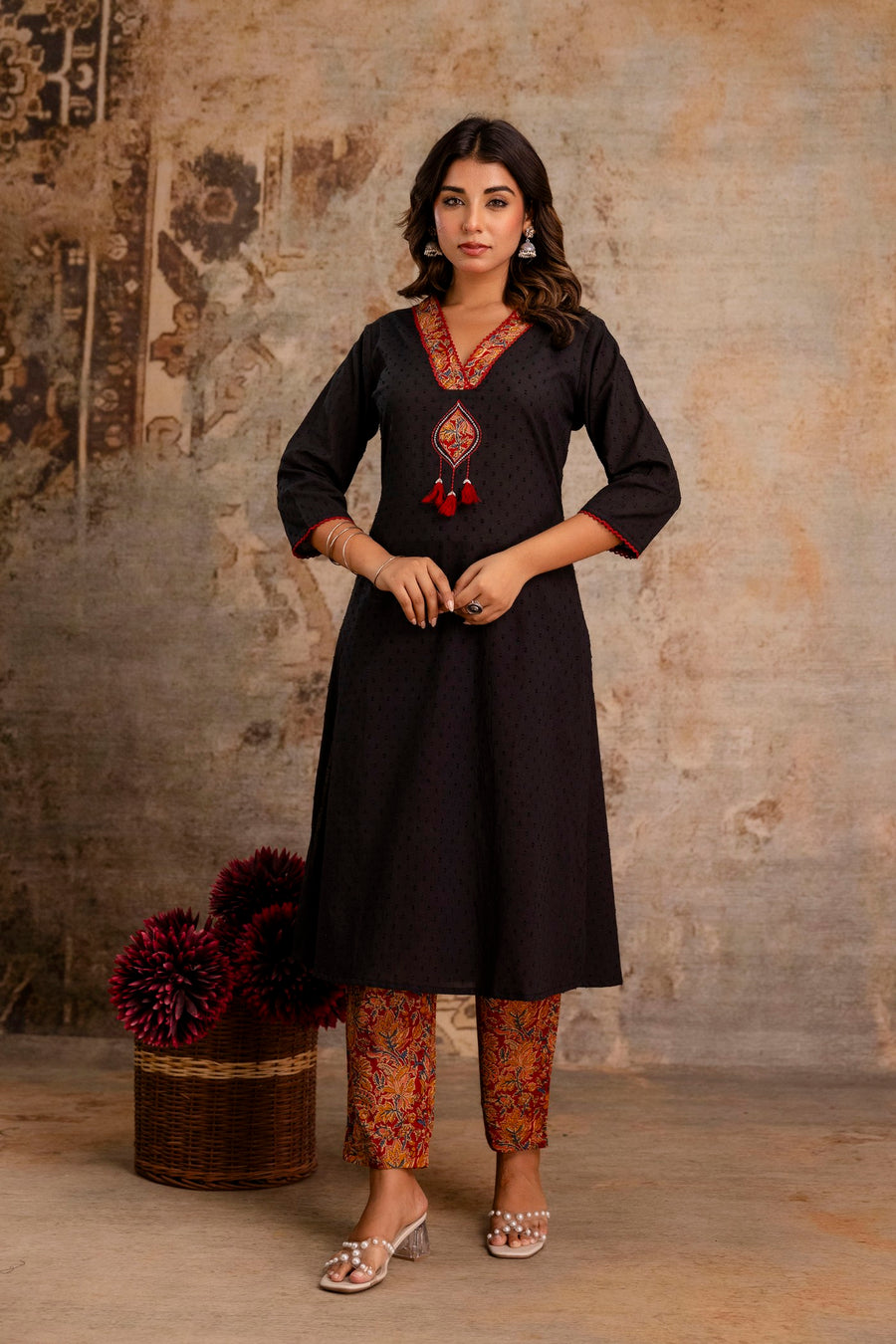 Elegant black embroidered kurta set