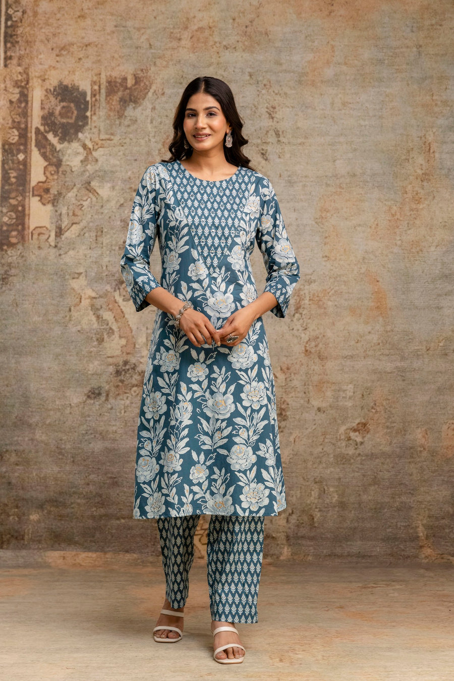 Elegant floral kurti with geometric yoke
