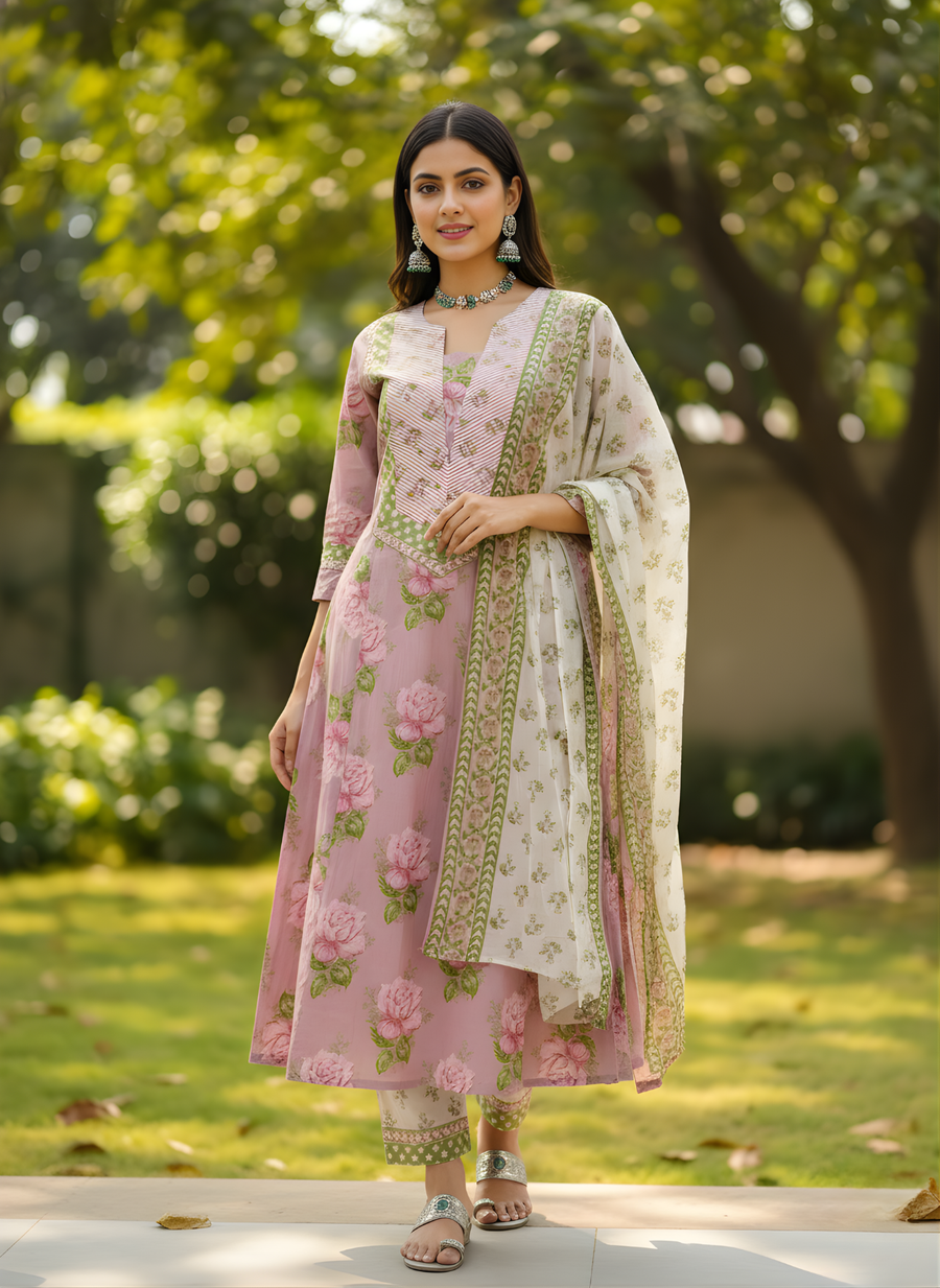 Elegant floral pure cotton kurta with dupatta Aaronee