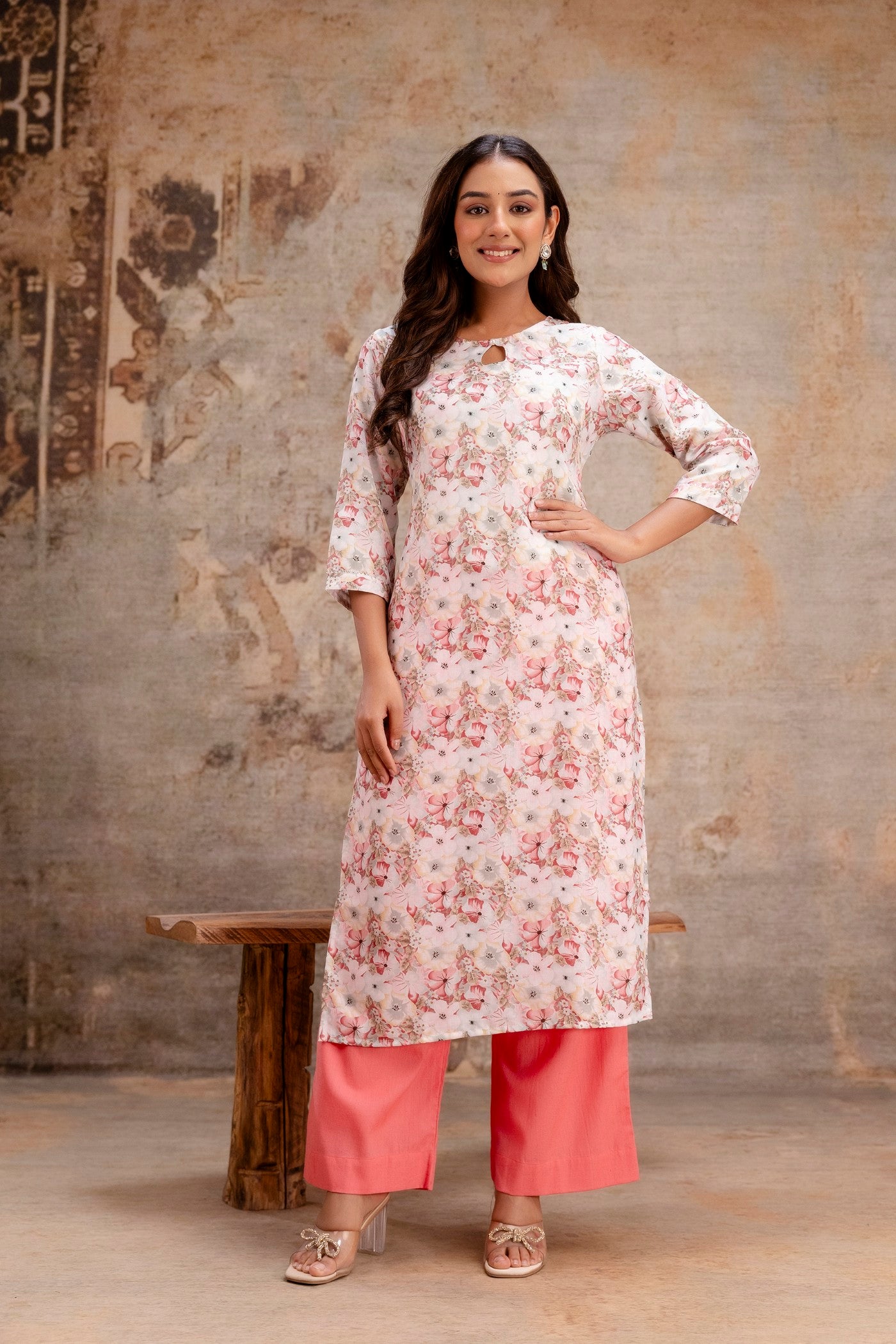 Elegant pastel kurta with coral pants