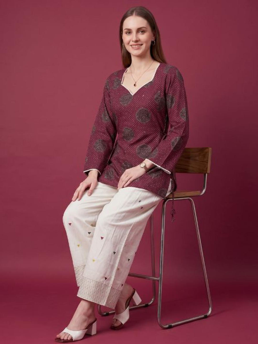 Stylish Wine Cotton Kurta Palazzo Set by Aaronee