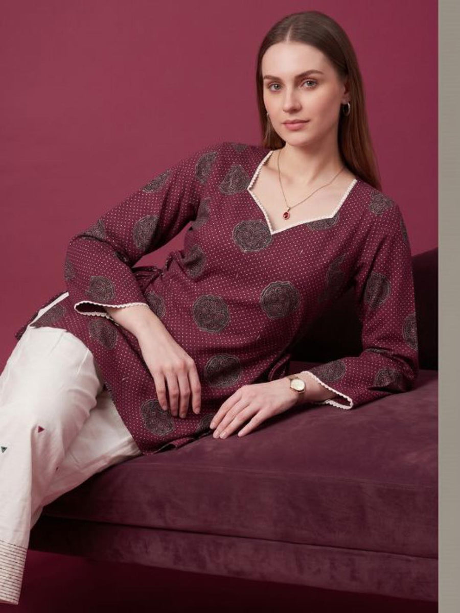 Traditional Wine Cotton Kurta and White Palazzo Set