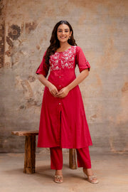 Festive red embroidered kurta pant set women