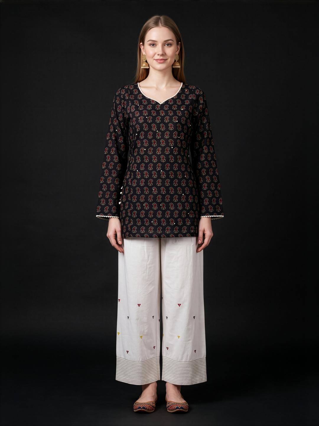 Aaronee Brown Printed Cotton Farshi Salwar Set for Women