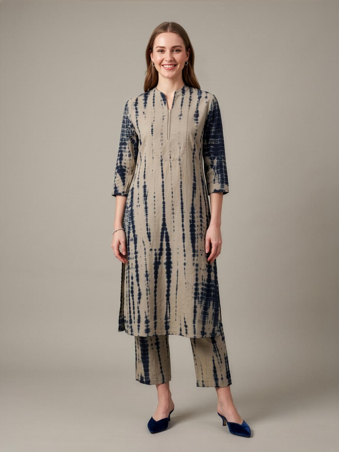 Aaronee Beige Printed Cotton Flax Kurta Set for Women