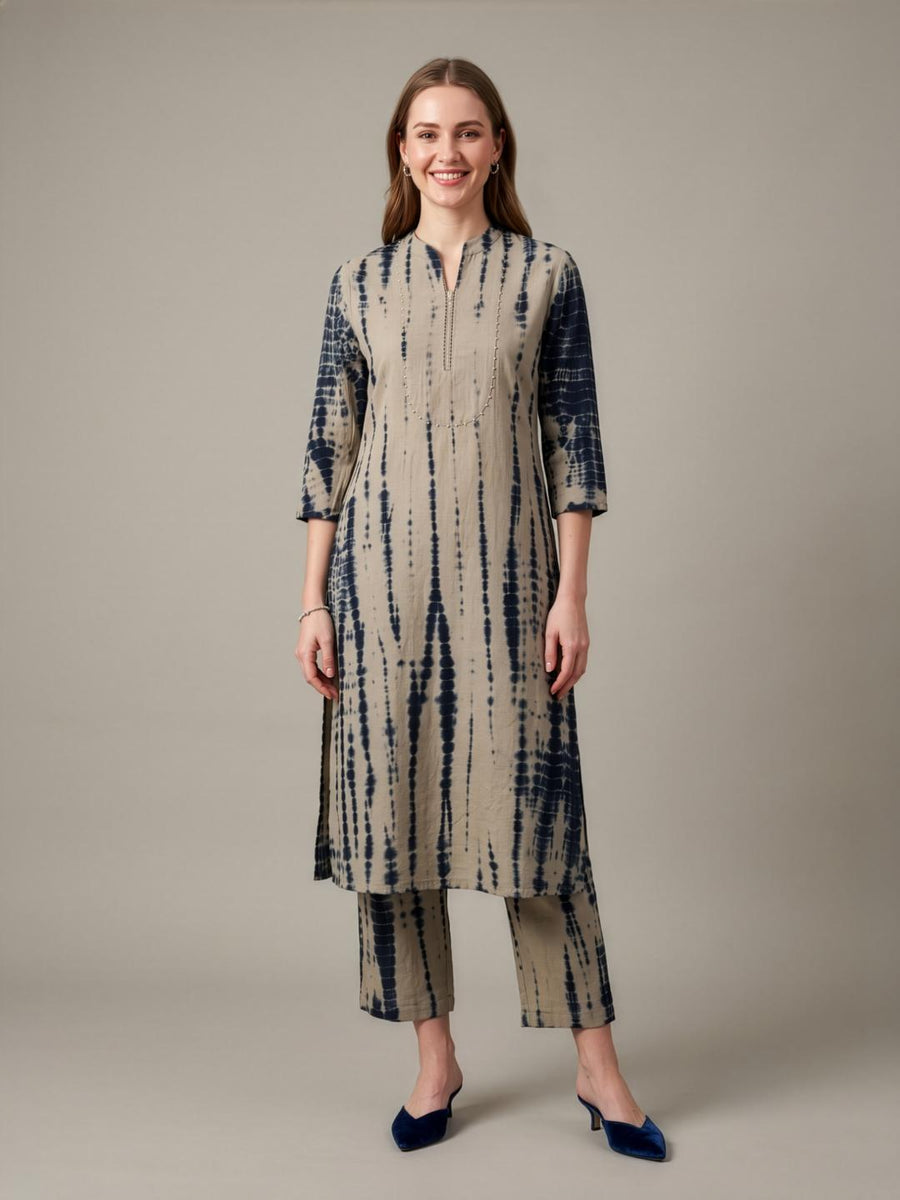 Aaronee Beige Printed Cotton Flax Kurta Set for Women