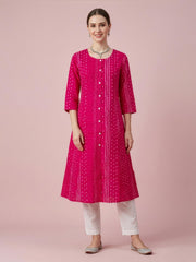 Aaronee  Pink Printed Premium Cotton A-Line Kurti for Women