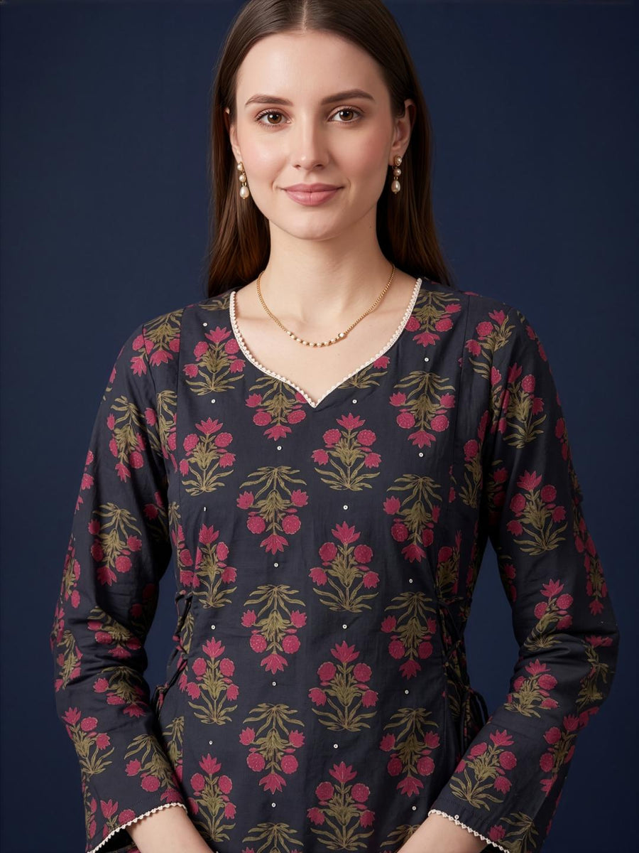 Traditional Black Floral Cotton Kurta and Farshi Salwar