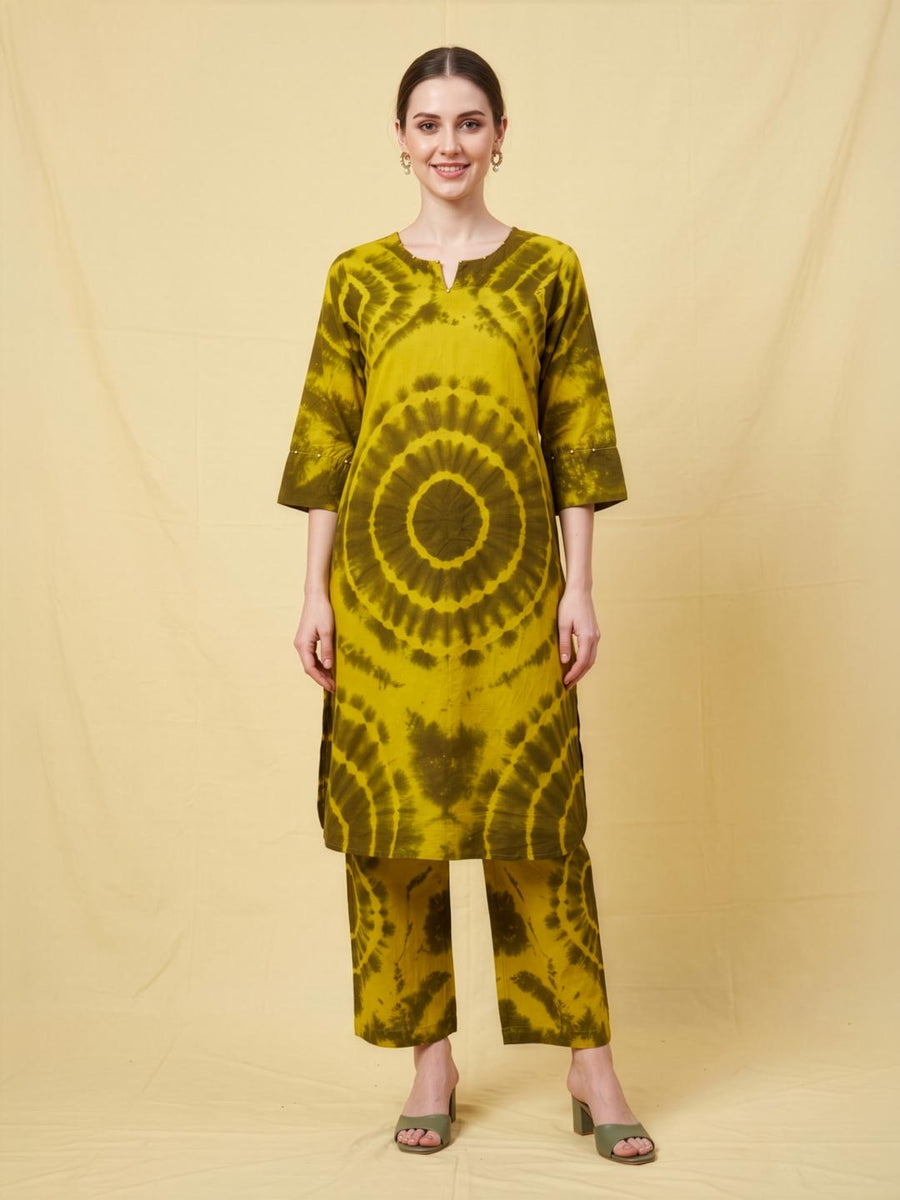 Aaronee Mustard Printed Cotton Kurti Set for Women