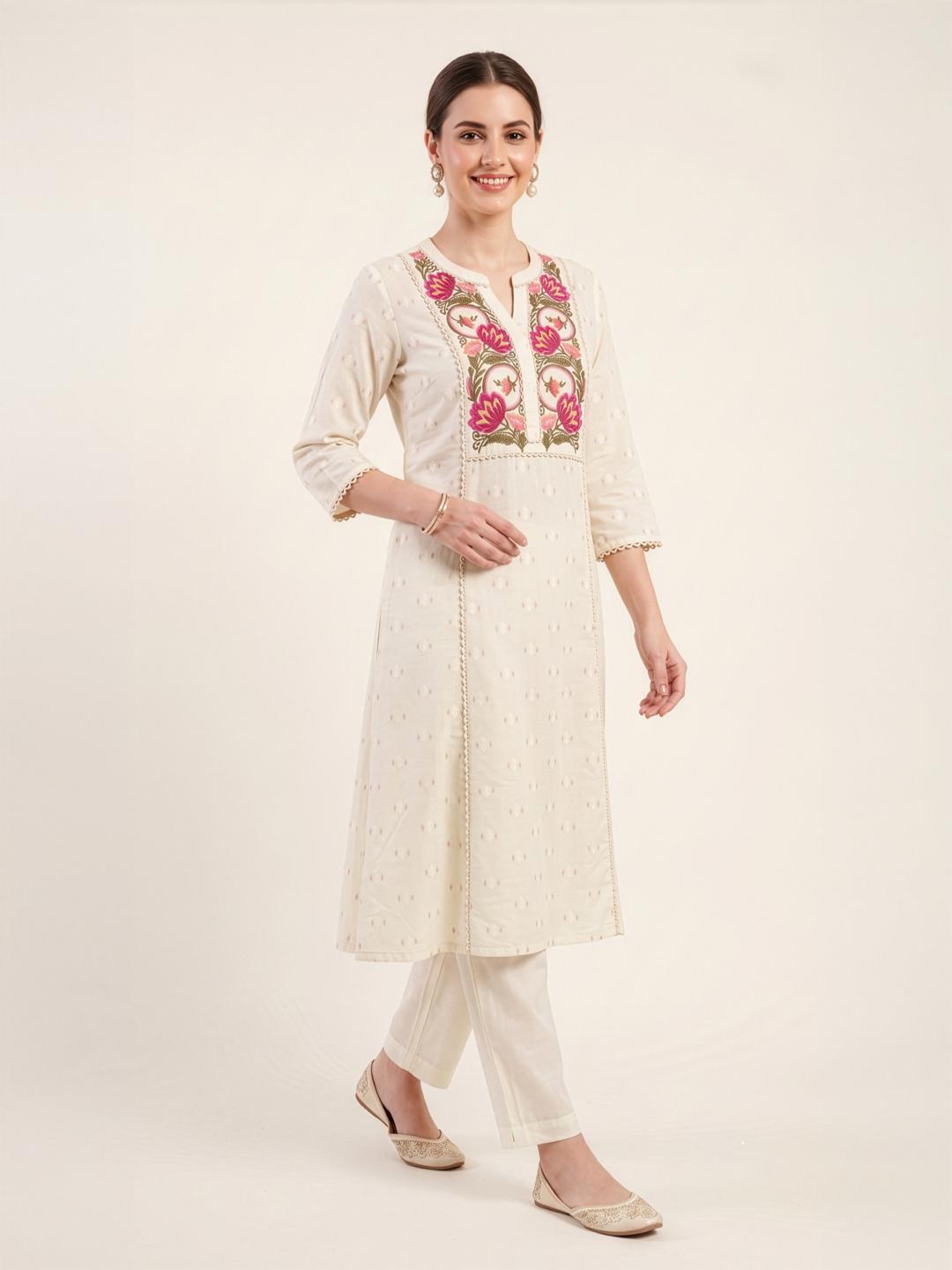 Aaronee  White Embroidered Premium Cotton Kurta Set for Women