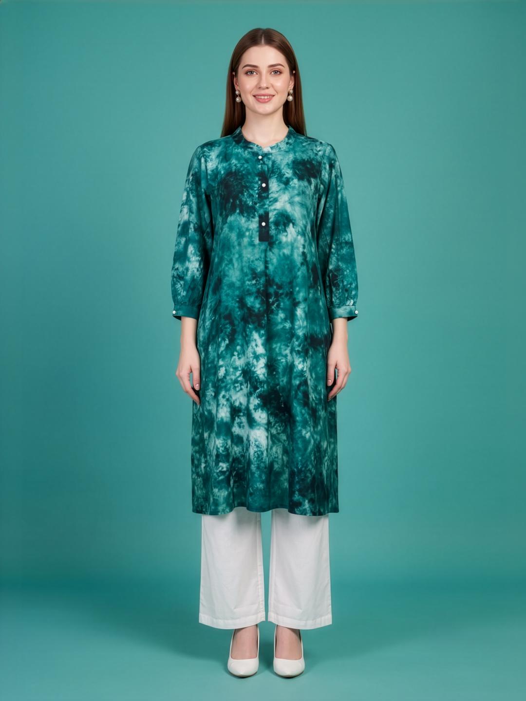 Aaronee Teal Green Rayon Kurta Set with Cotton Palazzo for Women