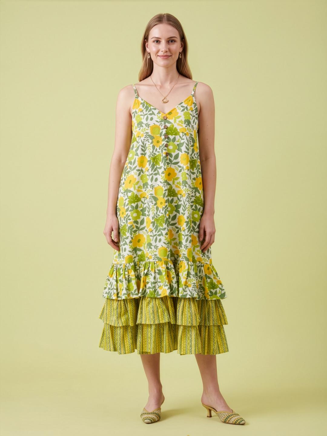 Aaronee lemon yellow floral printed premium cotton tiered midi dress for women