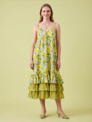 Aaronee lemon yellow floral printed premium cotton tiered midi dress for women