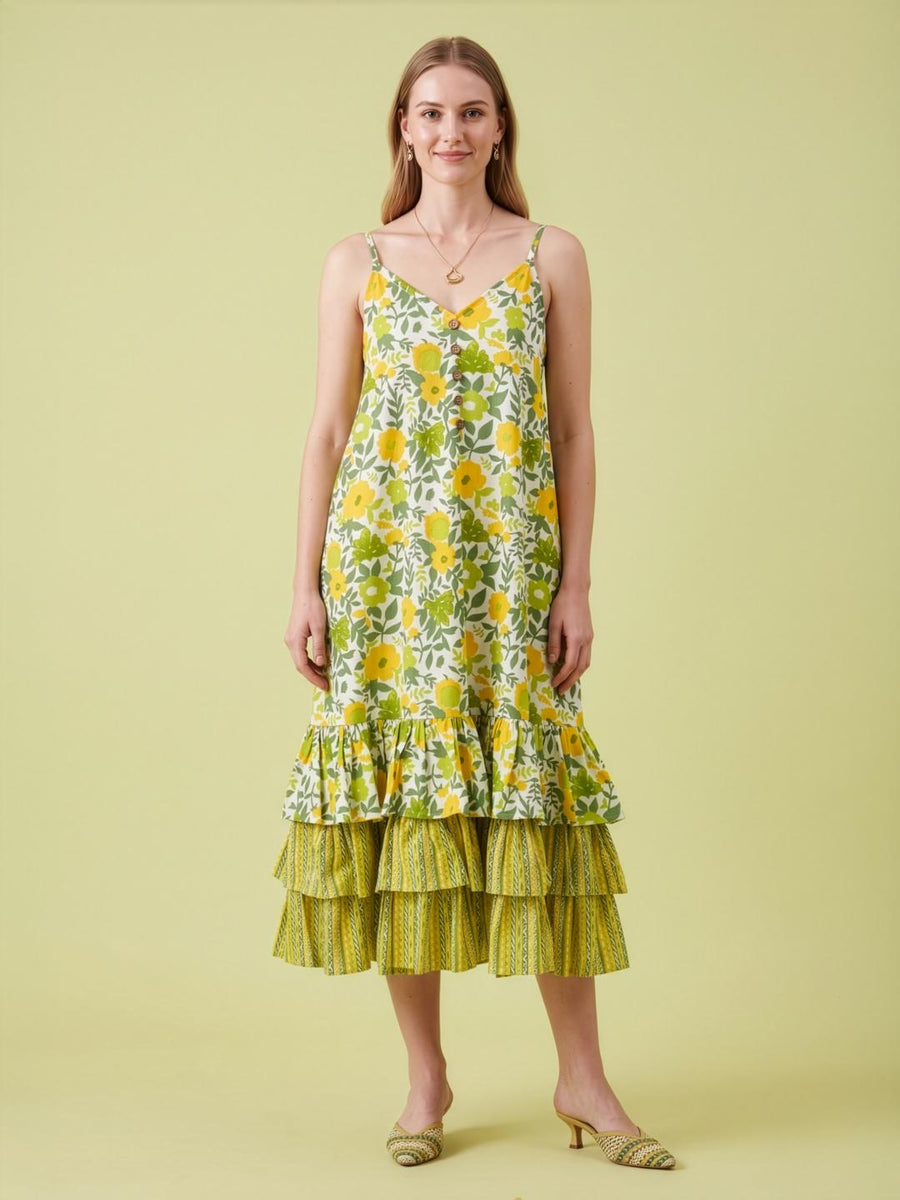 Aaronee lemon yellow floral printed premium cotton tiered midi dress for women