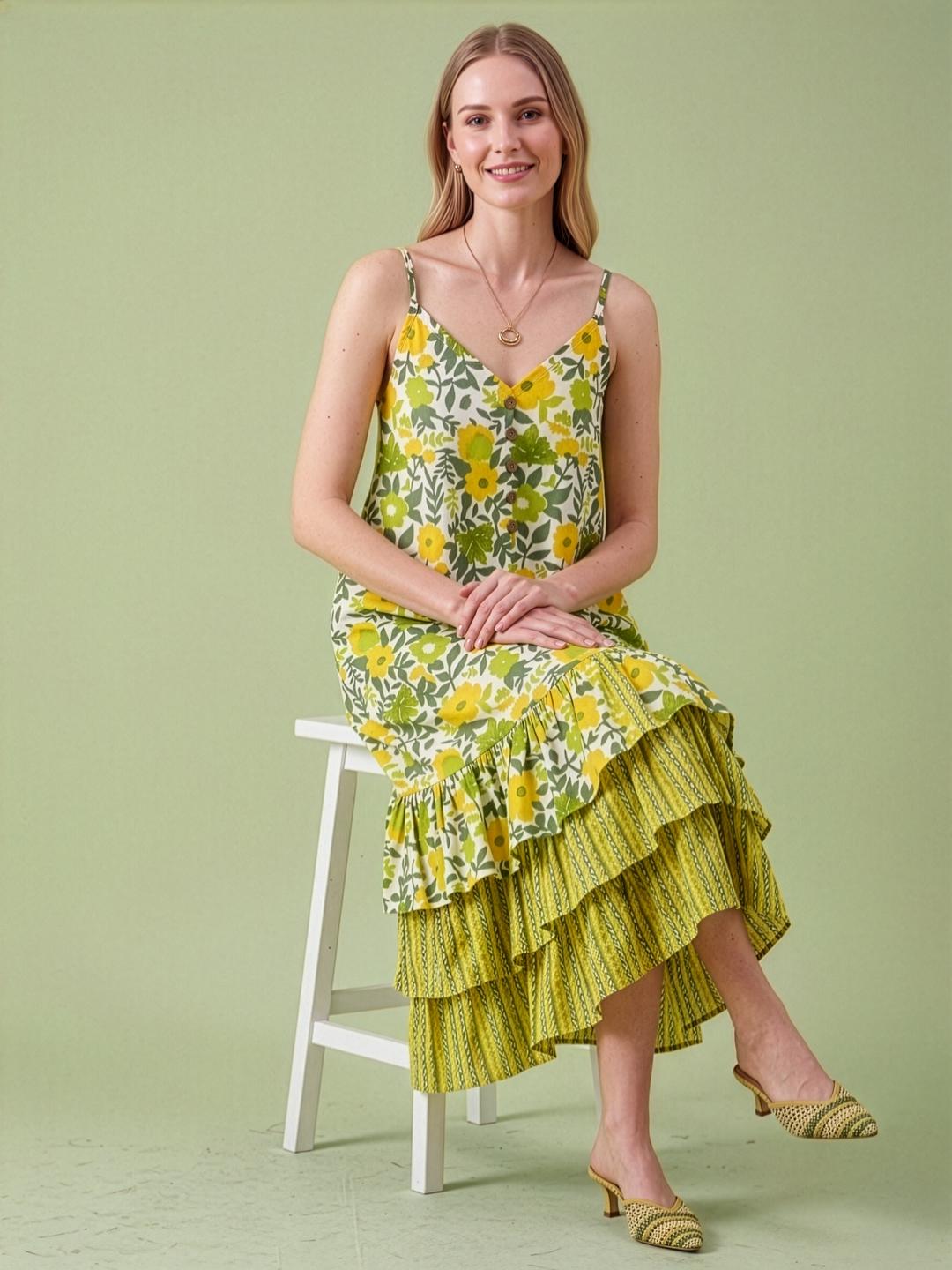Women's sleeveless cotton midi dress with yellow flower print