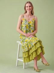 Women's sleeveless cotton midi dress with yellow flower print