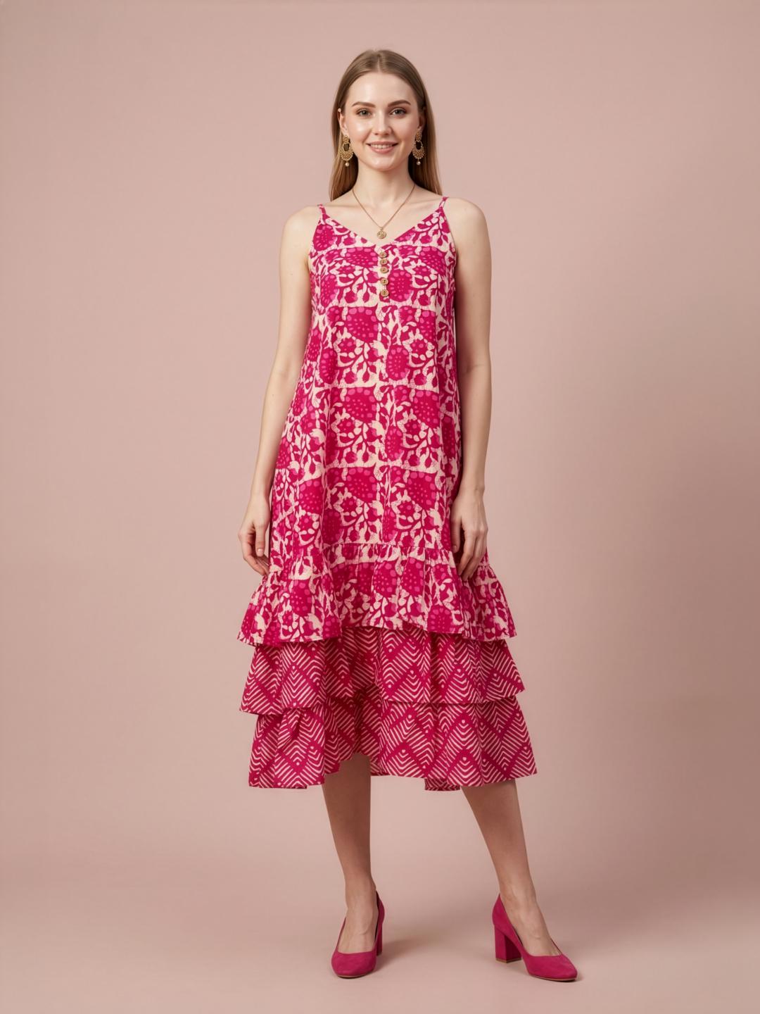 Aaronee pink printed premium cotton midi dress for women
