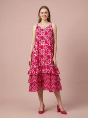 Aaronee pink printed premium cotton midi dress for women