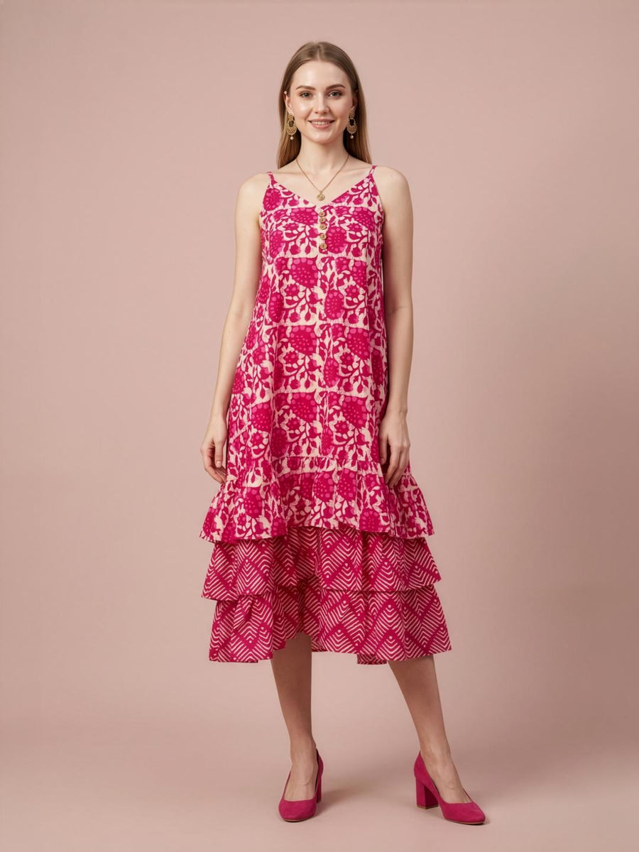 Aaronee pink printed premium cotton midi dress for women
