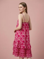 Pure cotton pink midi dress with layered ruffle hem